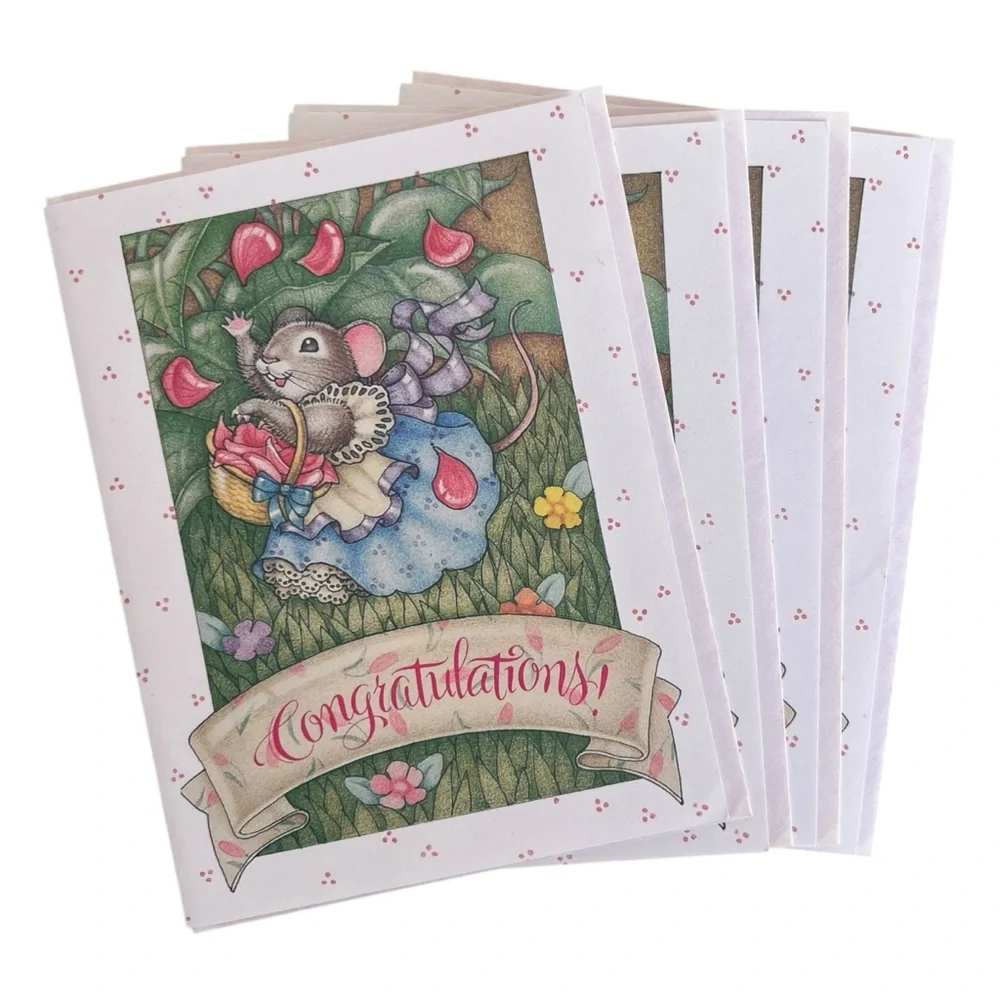 Vintage Whitings Congratulations Cards Cottagecore Mouse Flower Girl Envelopes